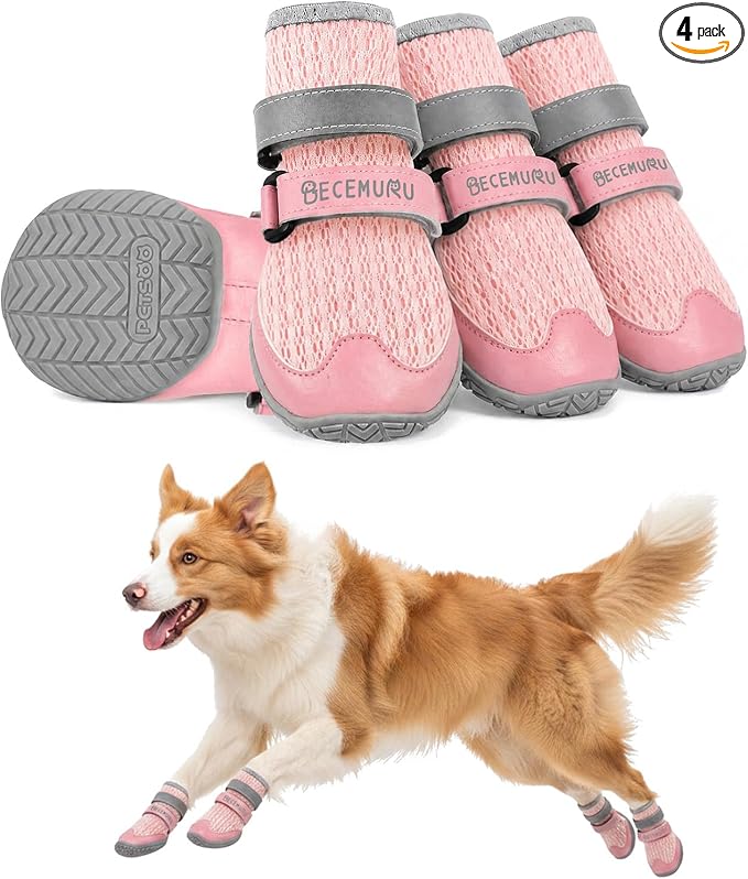 BECEMURU Dog Shoes for Summer, Double-Straps Anti-Slip Dog Boots & Paw Protectors for Hot Pavement, Breathable & Light Weight Outdoor Walking Hiking Pink Size 5