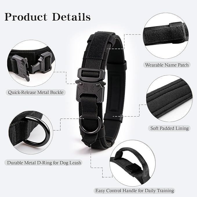 Tactical Dog Collar and Leash Set Adjustable Military Nylon Dog Collar with Control Handle and Heavy Duty Metal Buckle for Large Dogs（Black XL | 1000D Heavy-Duty Nylon Fabric,Quick-Release Metal Buckle,Adjustable Fit,Soft-Padded Webbing,D-Ring,for Trai...