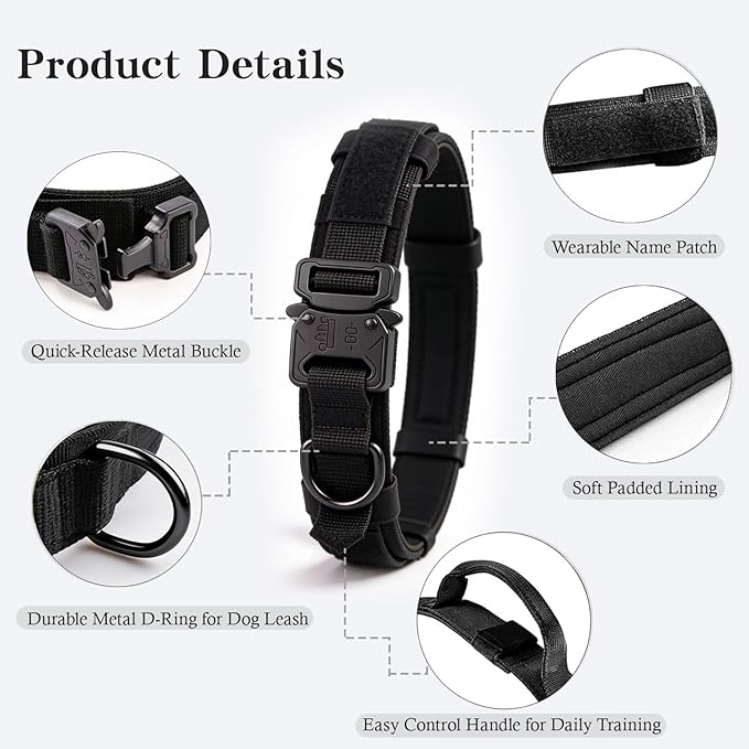 Tactical Dog Collar for Large Dogs with Control Handle,Black,XXL | Adjustable Fit,Heavy-Duty Quick-Release Metal Buckle,1000D Nylon Fabric,Soft-Padded Webbing,D-Ring,for Training & Hiking