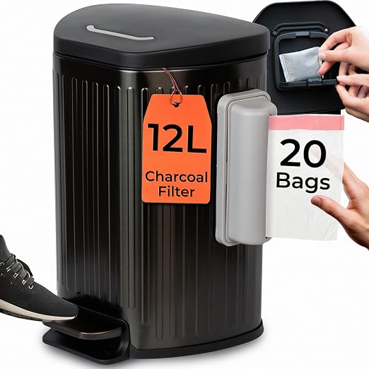 Dog Poop Trash Can Outside with Lid – 12L Stainless Steel Outdoor Trash Can with Reusable Charcoal Filter, Step-On Pedal & Bag Dispenser – Dog Waste Station, Cat Litter Trash Can & Diaper Pail