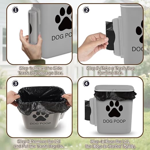 Dog Poop Trash Can Outside Hanging, 2 Gallon Wall Mount Dog Poop Trash Can | with Trash Bag Dispenser, Small Pet Waste Bin with Lid, Hanging Pet Waste Disposal Container for Fence, Garbage, Outdoors