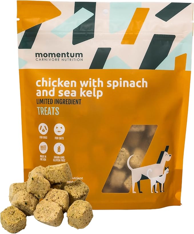 Momentum Carnivore Nutrition Freeze-Dried Chicken, Spinach & Sea Kelp Dog Treats & Cat Treats – Single-Ingredient Recipe, High-Protein, Grain-Free, Natural Superfood Blend – Made in USA – 3 oz Bag