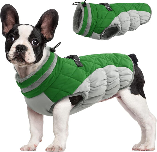 FUAMEY Dog Coat for Small Dogs,Waterproof Dog Winter Jacket with Harness Built in Puppy Cold Weather Coats Reflective Pet Vest with Zipper Warm Fleece Dogs Snowsuit Windproof Green S