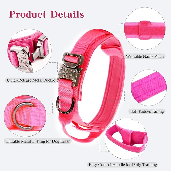 Tactical Dog Collar for Large Dogs with Control Handle,Pink,S | 1000D Heavy-Duty Nylon Fabric,Quick-Release Metal Buckle,Adjustable Fit,Soft-Padded Webbing,D-Ring,for Training & Hiking