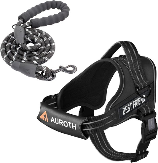 AUROTH Dog Harness and Leash Set for Large Sized Dog, No Pull Dog Vest | with Leash Clips, LED light clip, Soft Padded No Choke, Escape Proof, Easy Walking and Training, Black, XL