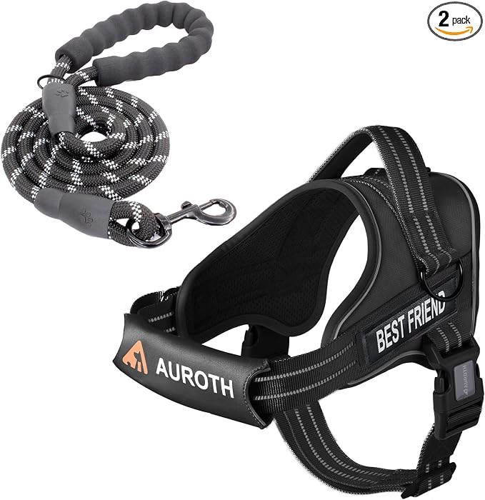 AUROTH Dog Harness for Large Dogs No Pull Tactical Harness and Leash Set | with Leash Clips, LED light clip, Breathable Mesh Padded No Choke, Easy Walking and Training, Black, Large