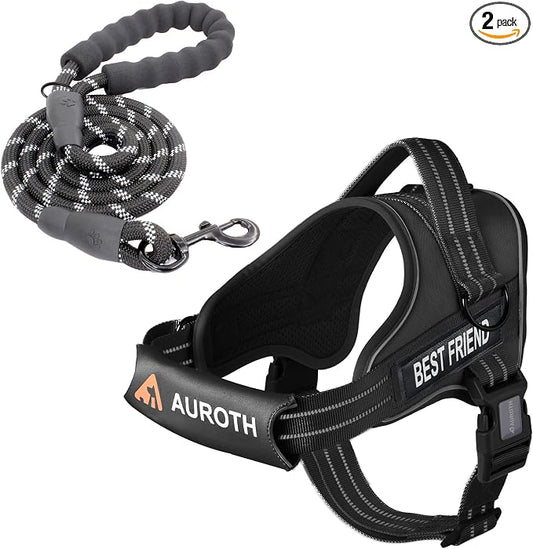 AUROTH Dog Harness for Large Dogs No Pull Tactical Harness and Leash Set | with Leash Clips, LED light clip, Breathable Mesh Padded No Choke, Easy Walking and Training, Black, Large