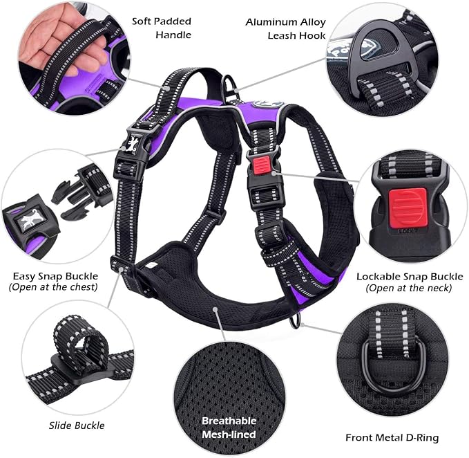PoyPet No Pull Dog Harness Medium with Front Clip & Neck Release Buckle | No Choke, Adjustable Vest, Reflective, Back Clip, Lockable, Soft Padded, Easy Control Handle for Walking Training, M, Purple