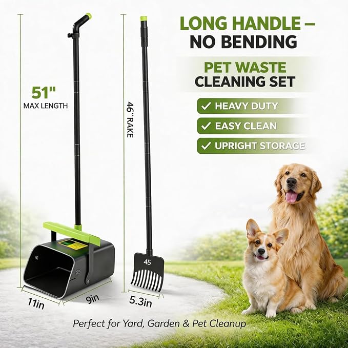 Pooper Scooper Swivel Bin & Rake Kit with 35 Bags – 46" Long Handle Heavy Duty Dog Poop Scooper with Bag Attachment, Yard Pet Waste Cleanup Tool for Large Medium Small Dogs