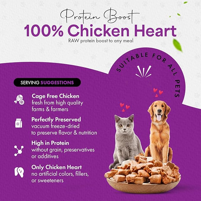 Chicken Hearts for Dogs | Cat Treats Freeze Dried, 100% Human Grade, Single Ingredient | High Protein Cat & Dog Food Toppers | No additives or Preservatives | Inspected & Tested in USA | 1.4 oz.