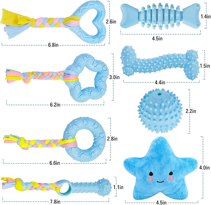 MRSOHRET Puppy Toys, 8 Pack Puppy Chew Toys for Teething, Cute Blue Small Dog Toys Set, Teething Toys for Puppies, Soft Durable Interactive Chew Toy for Small Dogs