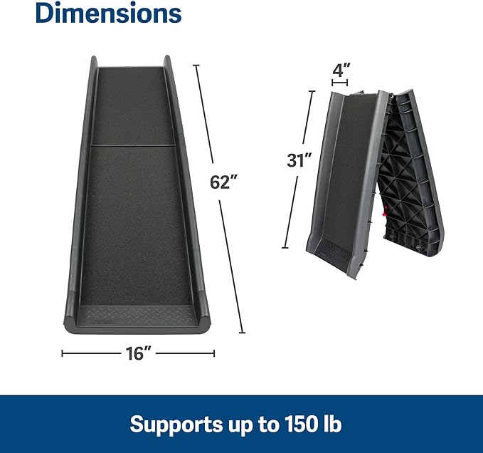 PetSafe Happy Ride Folding Dog Ramp | Extends 62 in, Lightweight Ramp Folds for Storage, High-Traction Surface, Side Rails & Rubber Feet, Supports up to 150 Lb