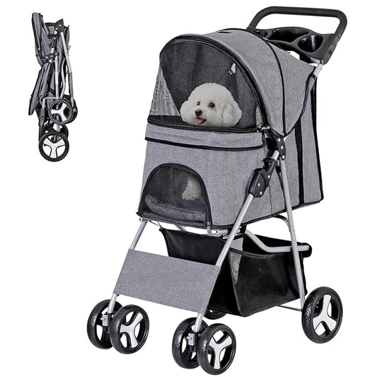 ZENY Foldable Pet Stroller, Cat/Dog Stroller with 4 Wheel, Pet Travel Carrier Strolling Cart with Storage Basket, Cup Holder (Grey)