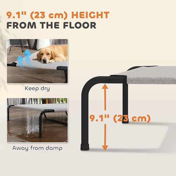 PawHut Elevated Dog Bed for Large Breeds Easy to Assemble 60" L Beige | Outdoor Dog Bed, No Tools Required, Portable Raised Pet Cot, Steel Frame and Breathable Mesh
