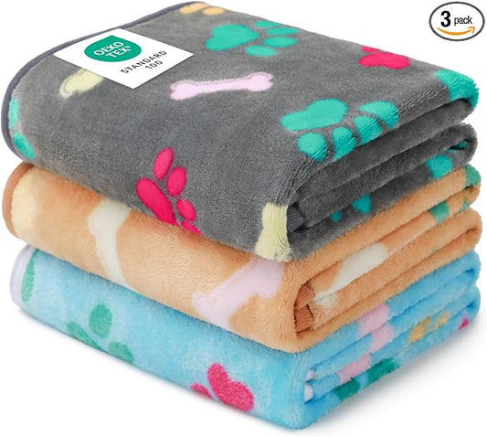Luciphia 1 Pack 3 Blankets Fluffy Premium Fleece Pet Blanket Flannel Paw Printed Throw for Dog Cat(Medium 30x20'', Grey/Brown/Blue)