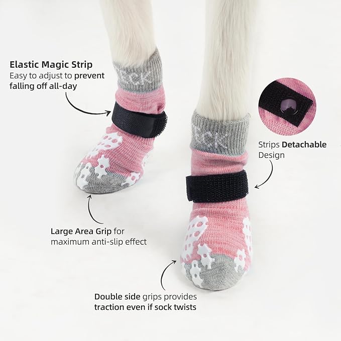 PUPTECK Anti-Slip Dog Socks with Double Sides Grips for Small Medium Large Dogs Hardwood Floors Prevents Licking, Dog Shoes for Hot Pavement Traction Control Paw Protector for Senior Dogs, Pink M