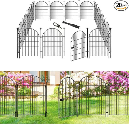Adavin Tall Garden Fence Animal Barrier with Gate, 40 in(H)×43.7ft(L) 20 Panels No Dig Fence for Dogs, Rustproof Metal Wire Animal Barrier Fences for Dogs Rabbits, Black Garden Fencing for Yard Patio