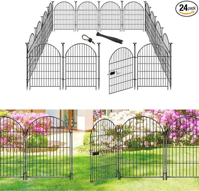 Adavin Tall Garden Fence Animal Barrier with Gate,32 in(H) 24 Panels Dog Fence Outdoor for Yard,Total 52.5 Ft Garden Fencing, No Dig Fences for Dogs and Rabbits, Temporary Ground Stakes