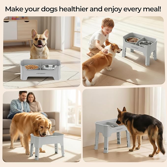 URPOWER Mess Proof Elevated Dog Bowls, Splash Guard Raised Bowl Stand | 4 Adjustable Heights, 2 Stainless Steel Bowls, Food & Water Separation, Foldable Design Non-Slip for Small Medium Large Dogs