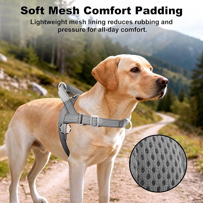 No Pull Dog Harness with Handle, Adjustable Soft Mesh Padded Vest | Reflective Walking Harness with Front Clip for Small Medium Large Dogs, Quick Fit No Escape for Training, Gray. XS