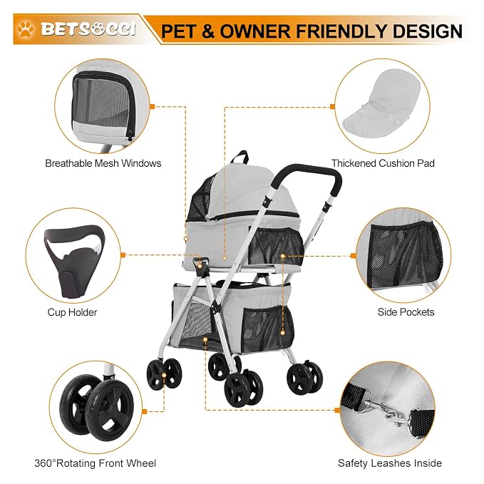 Double Dog Stroller with 2 Detachable Carrier, Portable Pet Stroller for Small Dogs & Cats Folding Lightweight Puppy Travel Carriage, 4 Wheels, Grey