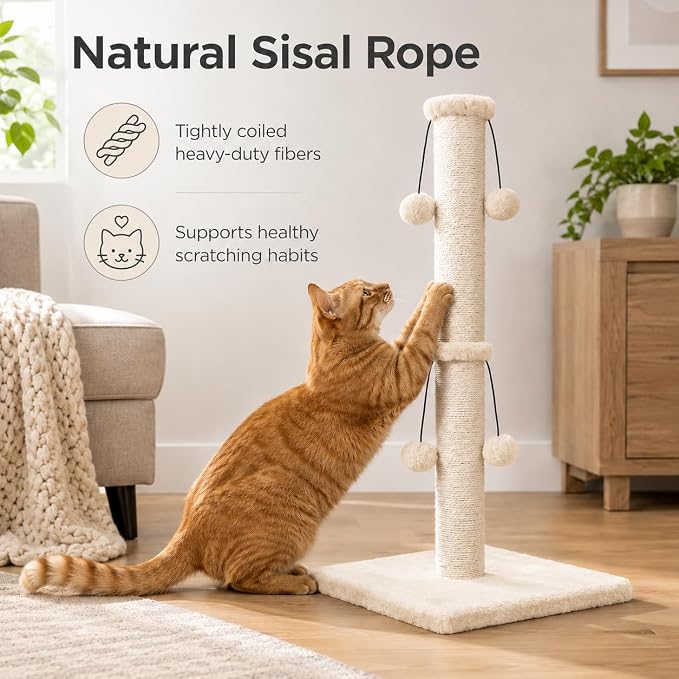 Dimaka 29'' Cat Scratching Post, Natural Sisal Rope Scratch Post with 4 Teasing Toy Balls for Large Cats (Beige)