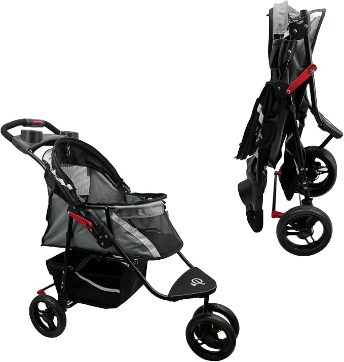 Petique Revolutionary Durable Pet Stroller, Easy Fold, Quality mesh Windows, Large Storage Basket, Secure Cup Holder Tray, Small/Medium Dogs, Cats and Pets, Supports up to 55LBS - Galaxy (Gray)