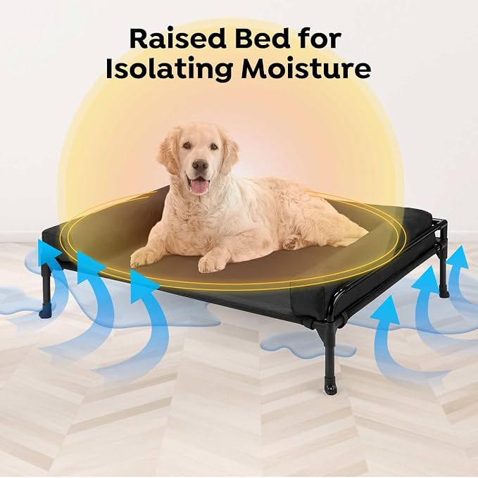 Veehoo Outdoor Elevated Dog Bed-Cooling Raised Dog Cot for Large Sized Dogs | Three-Sided Fence Raised Pet Cot with Mesh & No-Slip Feet Dog Hammock Bed with Removable Bolster-47"x 29" Black