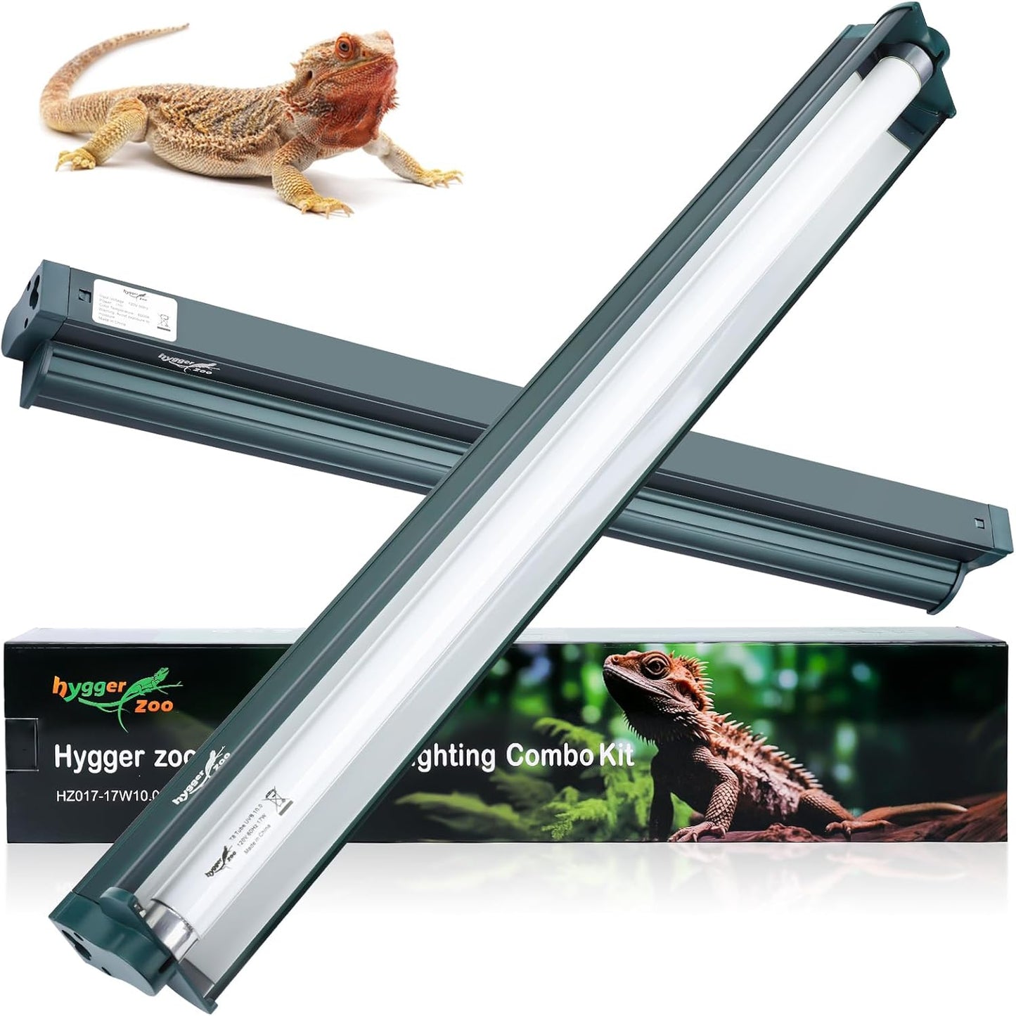 T8 Reptile Light Fixture Combo Kit 17W Light Fixture Jungle Green Reptile Terrarium Hood 10.0 UVB Light Bulb Fluorescent Tube for Bearded Dragon Lizards Tortoise for Tropical and Deserts Reptile lamp