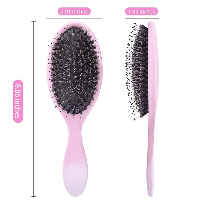 Boar Bristles Hair Brush for Women and Men, Detangling Hair Brush for Smoothing Massage Add Shine, Nylon&Boar Bristles Detangler brush for Hair Healthy (1 Pcs-Pink&White)