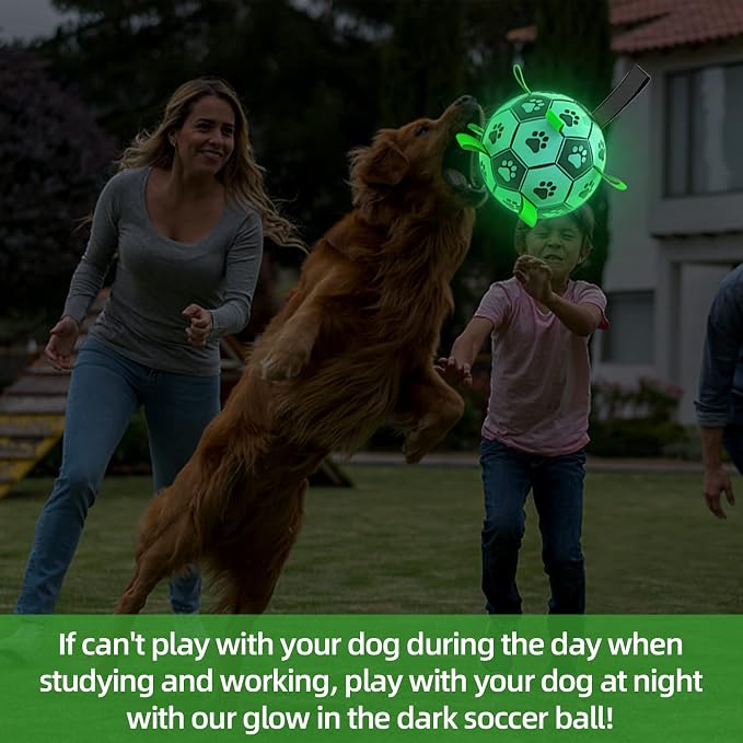 Glow in The Dark Dog Toys, 8'' Dog Soccer Ball with Straps Upgraded Interactive Light Up Dog Toys, World Cup Dogs Football, Outdoor Tug Toys for Medium & Large Dogs Birthday Gifts(8 Inch-Large)