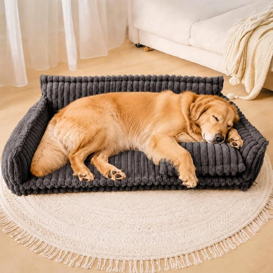 FUNNY FUZZY Dog Bed, Fluffy XXL Orthopedic Dog Couch with Pillow, Grey | Support Dog Bed for Extral Large Dogs, Cozy Corduroy Flannel, Non-slip, Snoozy Dream 47"×29.5"×15.7", Up to 75 Lbs