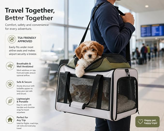 Cat Carrier Dog Carrier Airline Approved, Pet Carrier for 2 Cats Small Medium Dogs, Soft Cat Carrier 18x15x15 with Foldable Bowl & Washable Pad, TSA Approved Dog Carriers by Luniko Shop (Cream)