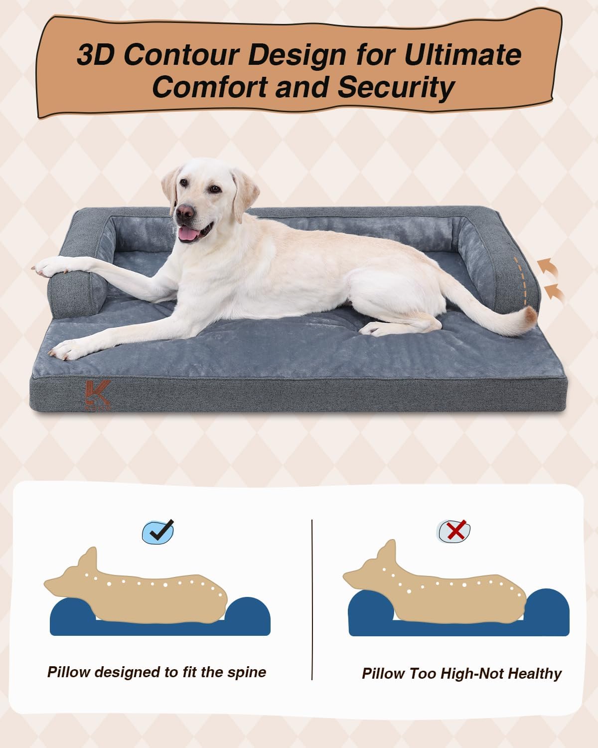 KSIIA Orthopedic Dog Bed for Large Sized Dog，Washable Pet Sofa with U-Shaped Bolster Removable Waterproof Cover Non-Slip Bottom and Egg-Crate Orthopedic Foam Pet Couch Bed, 41 x 27 Inch, Dark Gray