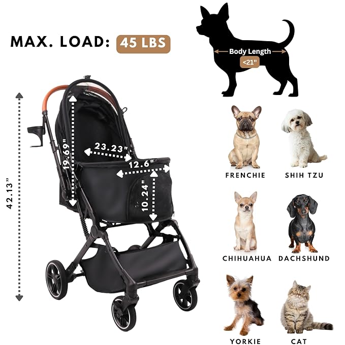 Bicystar Foldable Dog Stroller for Small Medium Dogs & Cats, 45 lbs, Black | For senior & injured pets, Travel-friendly, All-terrain 4 wheels, Aluminum frame, 42" handle for tall users, Two tethers
