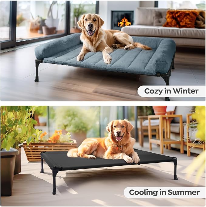 Veehoo Elevated Dog Beds Medium Sized Dog with Fluffy Plush Bolster Cushion | Orthopedic Raised Dog Beds for Indoor Outdoor, Soft Pet Sofa Cot with Removable Washable Mat, No-Slip Feet, 32" x 25", Blue