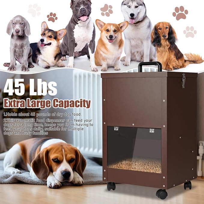 45Lbs Automatic Dog Feeder Large Breed, Easy to Move with Wheels | Large Capacity Outdoor Gravity Dog Feeder, Galvanized Metal Self Feeding Dog Food Dispenser with Clear Door