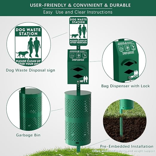 POCHAR Rust-Proof Aluminum Outdoor Dog Waste Disposal Station for Pet Parks | 10 Gallon Outdoor Pet Poop Station with Reflective Sign & Lid – Durable Trash Bin for Backyard Dog Waste