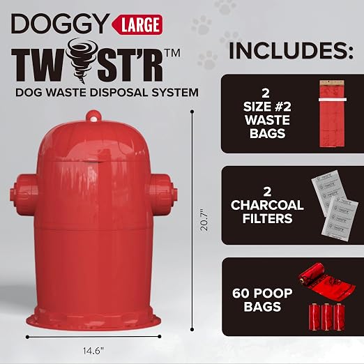 Red Rocket Doggy Twist'R Large Waste Disposal System, Dog Poop Trash Can | Odor Control, Indoor/Outdoor, Holds Up to 17 Lbs, Includes 2 Size #2 Odor Blocking Bags, 2 Charcoal Sachets, 60 Poop Bags