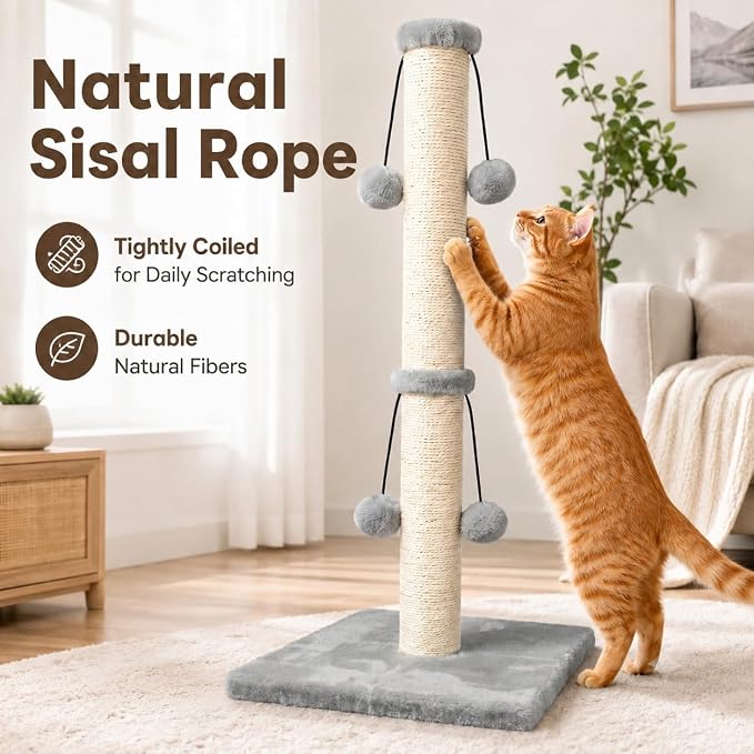 Dimaka 34'' Cat Scratching Post, Cat Scratching Post, Cat Scratcher for Large Cats with Teasing Toy Ball, Natural Sisal White and Grey (Grey)