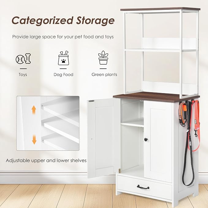 Pet Feeding Station Storage Cabinet with Bowls and Rack, Adjustable Panel,Pet Feeder Station for Dogs Cats for Feeding & Watering Supplies with 2-Level Shelving