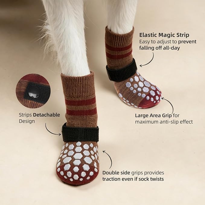 PUPTECK Anti-Slip Dog Socks with Double Sides for Small Medium Large Dogs Hardwood Floors Prevents Licking, Dog Shoes for Hot Pavement Traction Control Paw Protector for Senior Dogs, Striped Brown XL