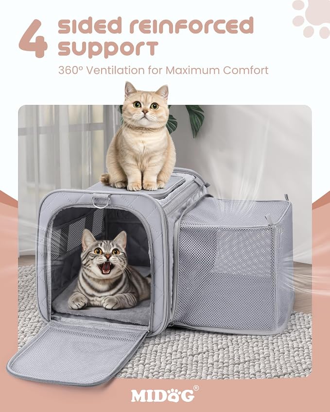 MIDOG Cat Carrier Soft for Small-Medium Cats Up to 25lbs, Airline Approved | Expandable Square Design,Comfort & Breathable Window,Equipped with anti-slip lock zippers and an internal safety leash