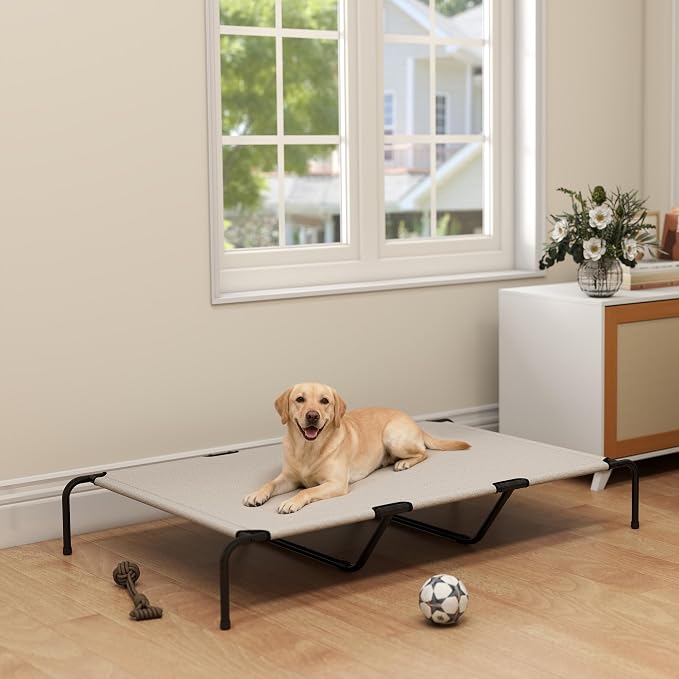 PawHut Elevated Dog Bed for Large Breeds Easy to Assemble 60" L Beige | Outdoor Dog Bed, No Tools Required, Portable Raised Pet Cot, Steel Frame and Breathable Mesh