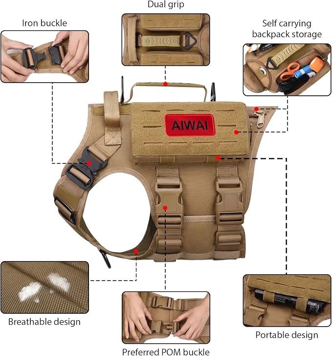AIWAI Tactical Dog Harness with Handle for Large Dogs,2X Metal Buckle, Dog MOLLE Vest with Pockets,No Pull Adjustable Pet Harness, Easy Control Dog Vest Harness for Working Training (Khaki, Large)