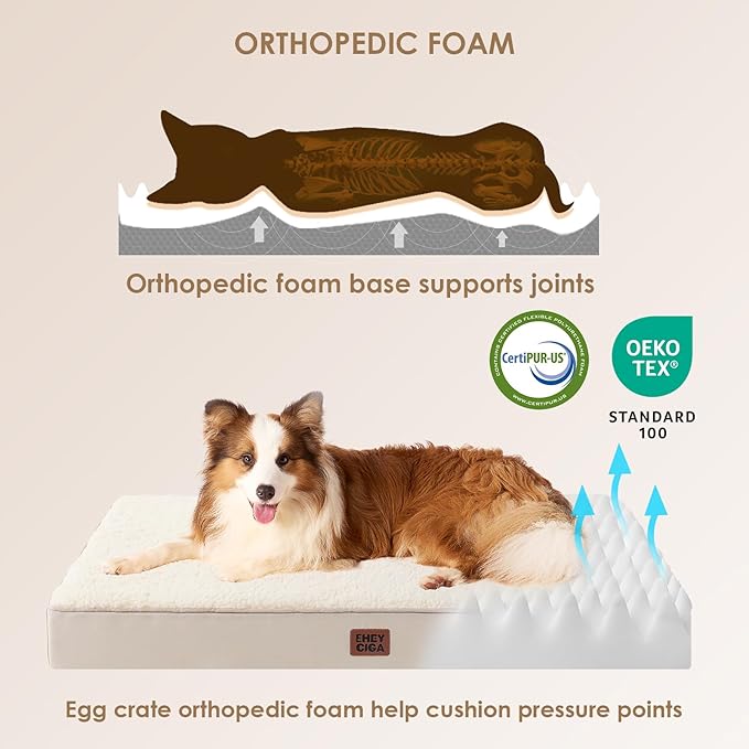 EHEYCIGA Orthopedic Dog Bed Large with Removable Washable Cover, 35IN Camel | Egg Crate Foam Support, Durable Oxford fabric, Non-Slip Bottom, Machine Washable, Soft Waterproof Plush Pet Bed Mat For Crate