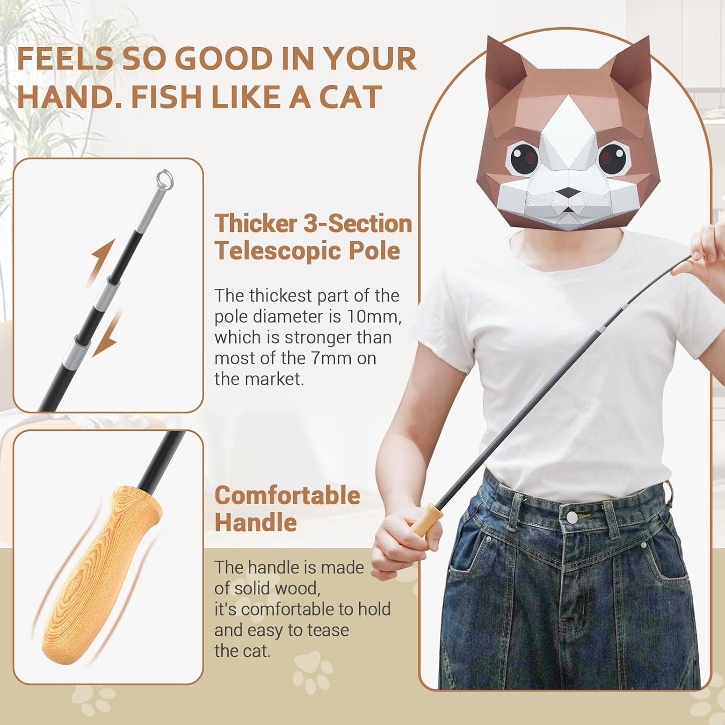 ROSAUI Cat Teaser Wand Toys, Interactive Bird Toys for Indoor Kittens, 42.15’’ Long Cat Fishing Pole Toys, 2Pcs Wires and 5Pcs Natural Refills, Sustainable Wooden Handles, Exercising, Playing