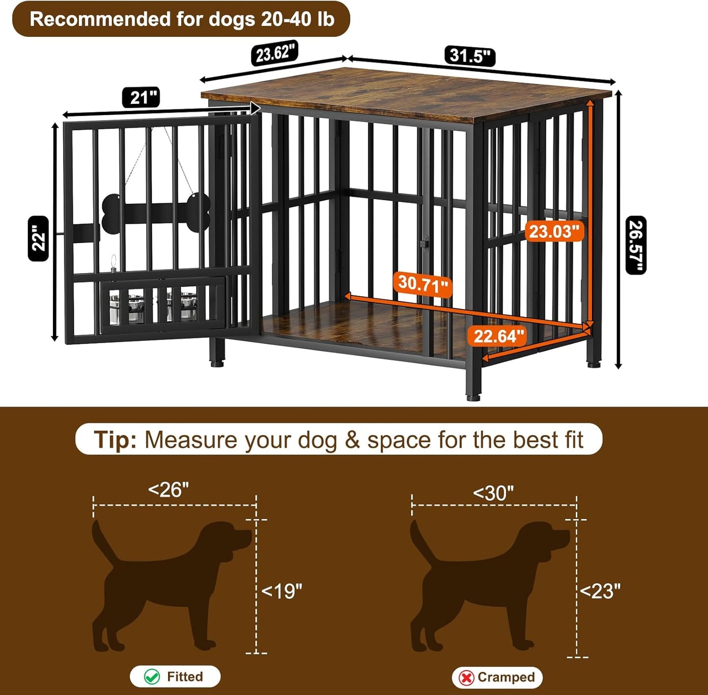 Easycom 31" Dog Crate Furniture Foldable, No Assembly Decorative Dog Kennel Indoor, Dog Crates for Medium Dogs, Wooden Dog Cage with Adjustable Bowls and Name Tag, End Table, Rustic Brown