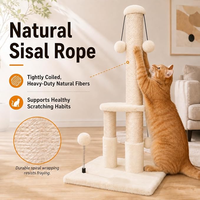 Dimaka Tall Cat Scratching Post, Double Lower Posts Extra Stable Cat Post Tree Scratcher with Sisal Rope and Teasing 4 Balls Total Large Base (Beige)
