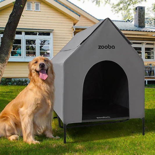 Zooba 48" XL Outdoor Dog House – Weatherproof Elevated Pet Shelter | Breathable Mesh & Steel Frame, Easy to Assemble & Clean, Large Dog Houses for All Seasons (Grey)